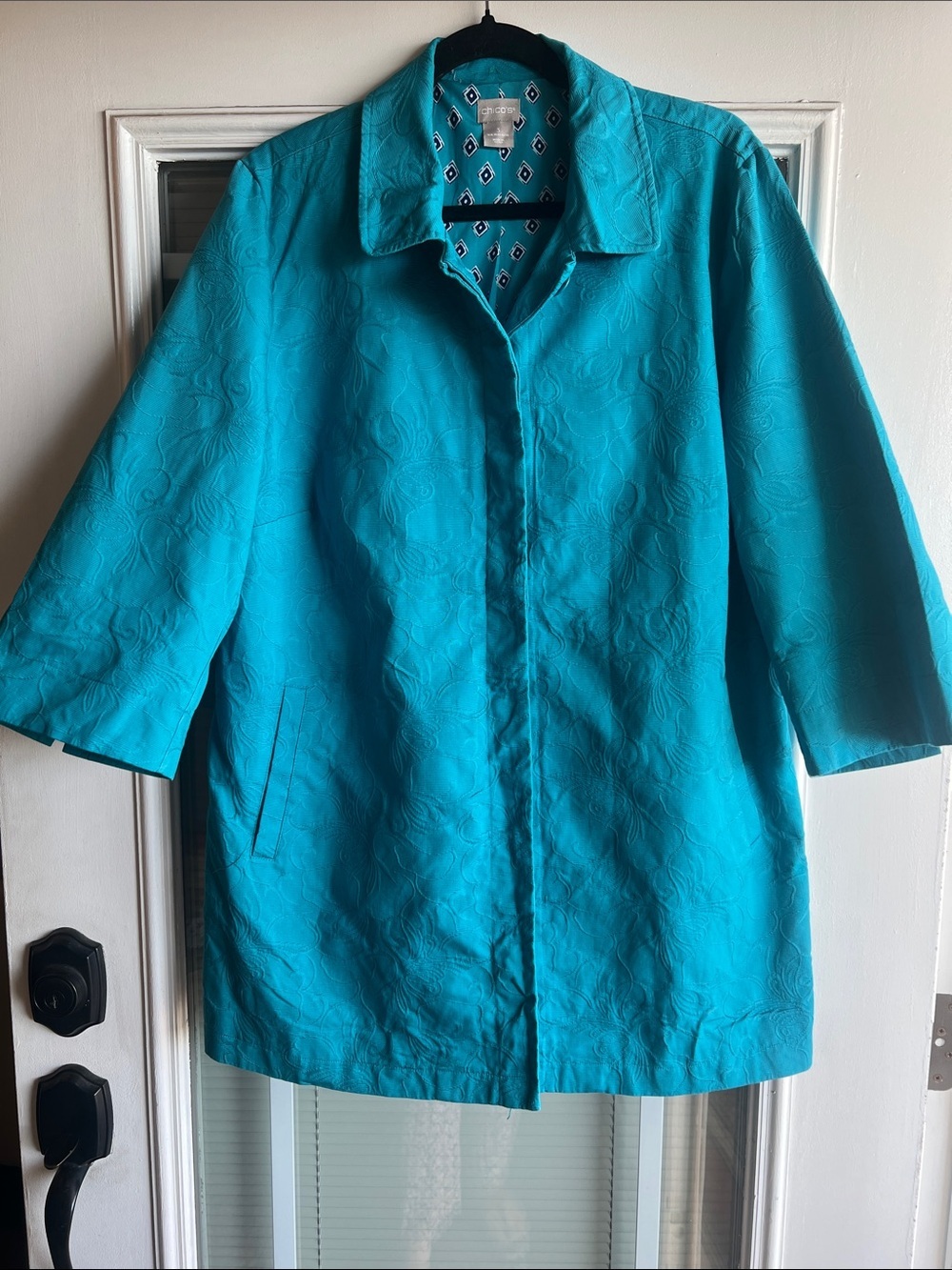 Chico's Teal Embossed 3/4 Sleeve Coat